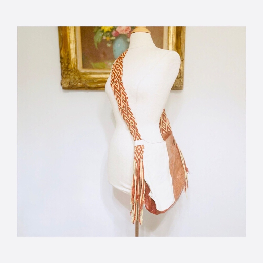 NEW Bohemian Boho Leather Ostrich Wide Weaved Strap Crossbody Bag Beige Brown